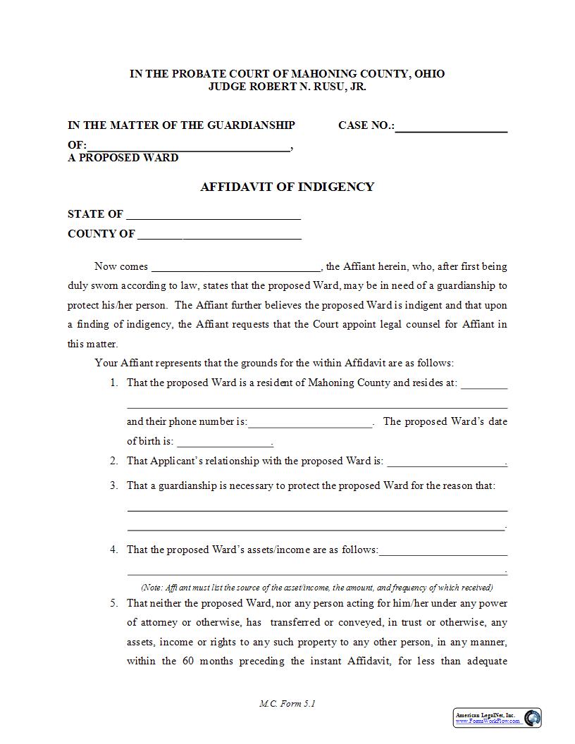 Affidavit Of Indigency {5.1} | Pdf Fpdf Docx | Ohio