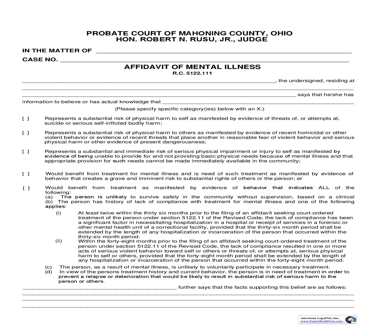 Affidavit Of Mental Illness {6.0} | Pdf Fpdf Doc Docx | Ohio
