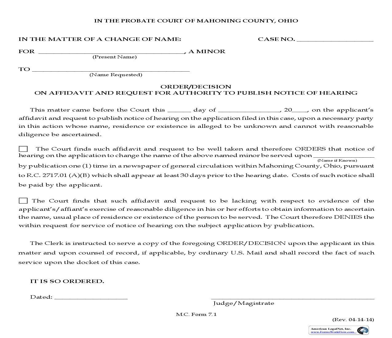 Order Decision On Affidavit For Authority To Publish Notice Of Hearing {7.1} | Pdf Fpdf Doc Docx | Ohio