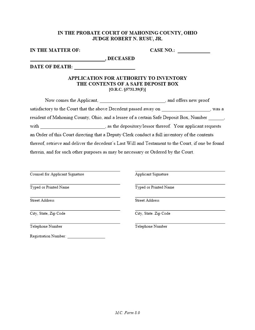 Application For Authority To Inventory The Contents Of A Safe Deposit Box {8.0} | Pdf Fpdf Docx | Ohio