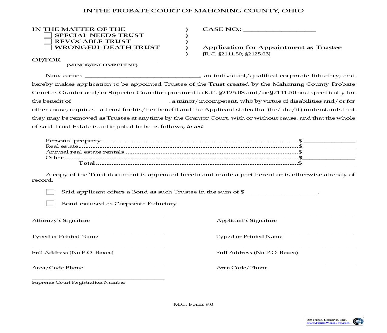 Application For Appointment As Trustee {9.0} | Pdf Fpdf Doc Docx | Ohio