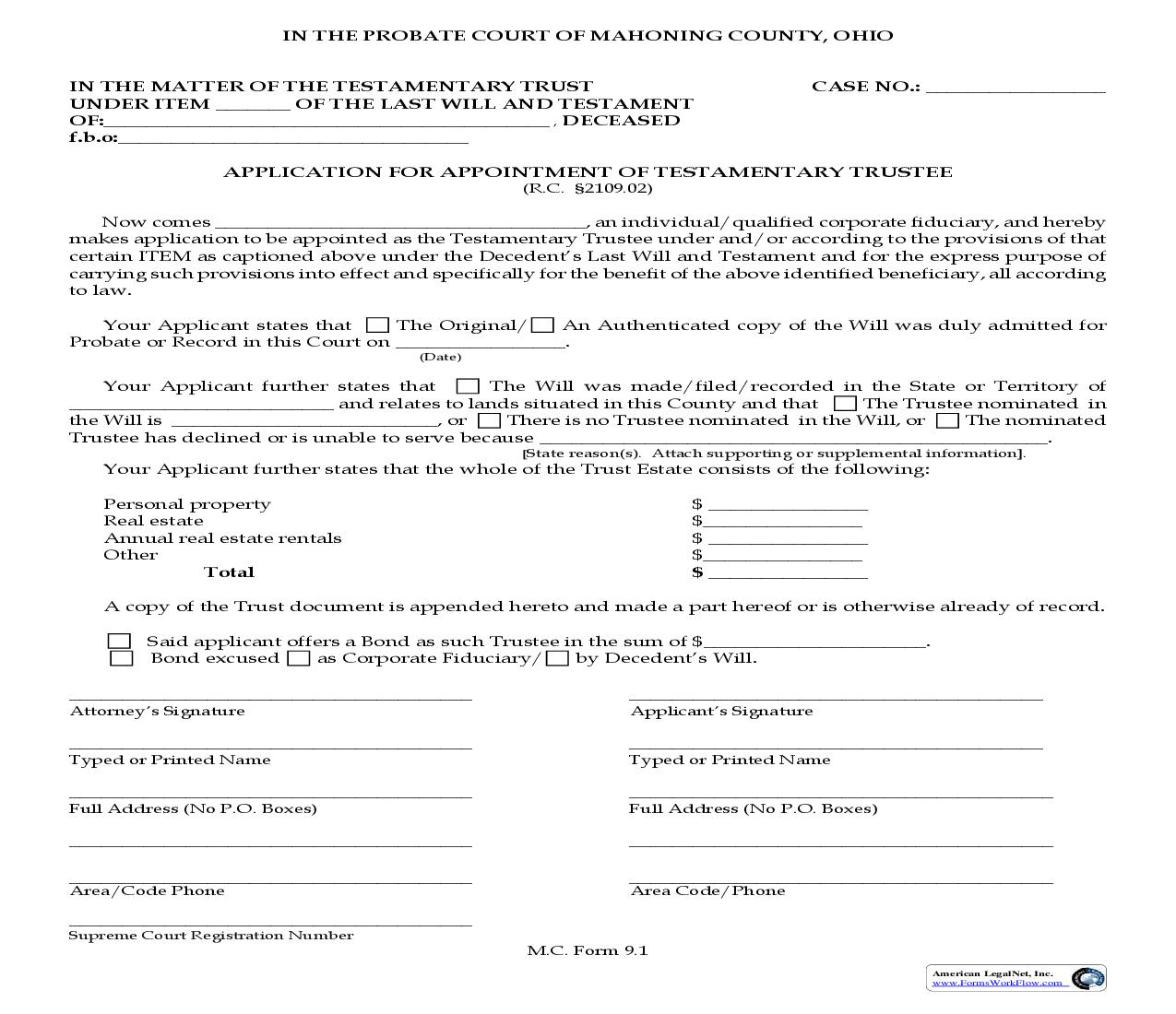 Application For Appointment Of Testamentary Trustee {9.1} | Pdf Fpdf Doc Docx | Ohio