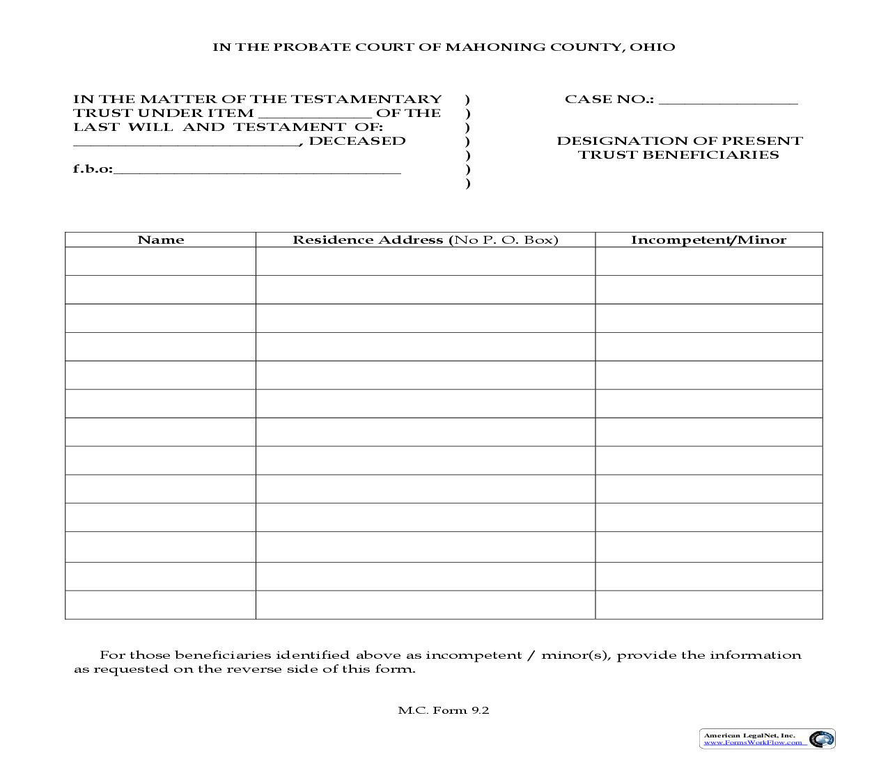 Designation Of Present Trust Beneficiaries {9.2} | Pdf Fpdf Doc Docx | Ohio