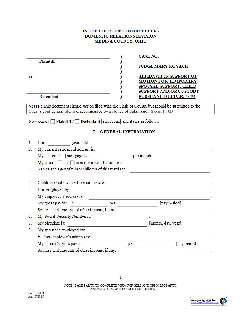 Affidavit In Support Of Motion For Temporary Support And Or Custody {4.01D} | Pdf Fpdf Docx | Ohio