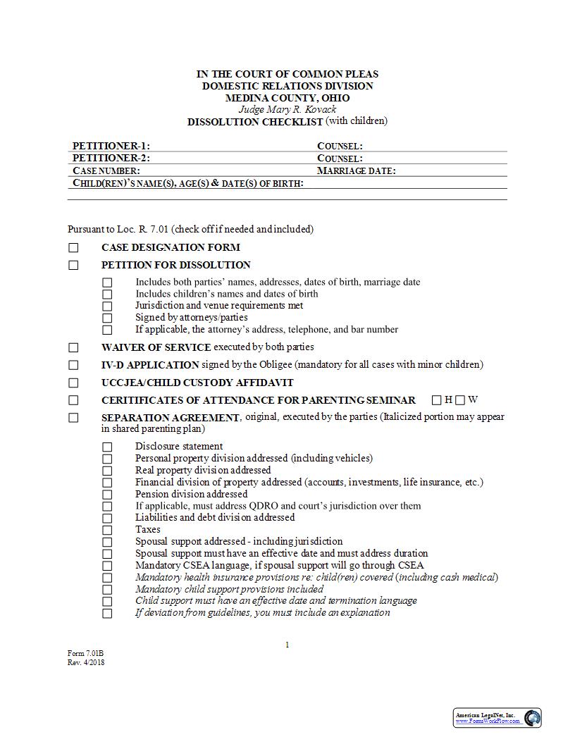 Dissolution Checklist With Children {7.01B} | Pdf Fpdf Docx | Ohio