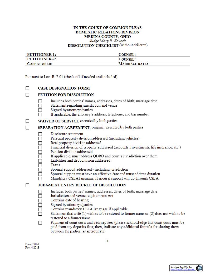Dissolution Checklist Without Children {7.01A} | Pdf Fpdf Docx | Ohio