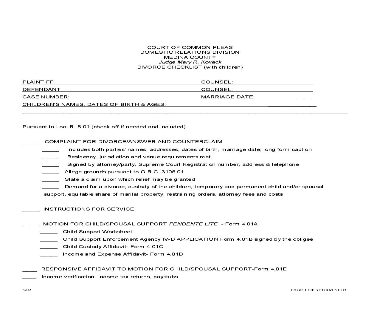 Divorce Checklist With Children {5.01B} | Pdf Fpdf Doc Docx | Ohio