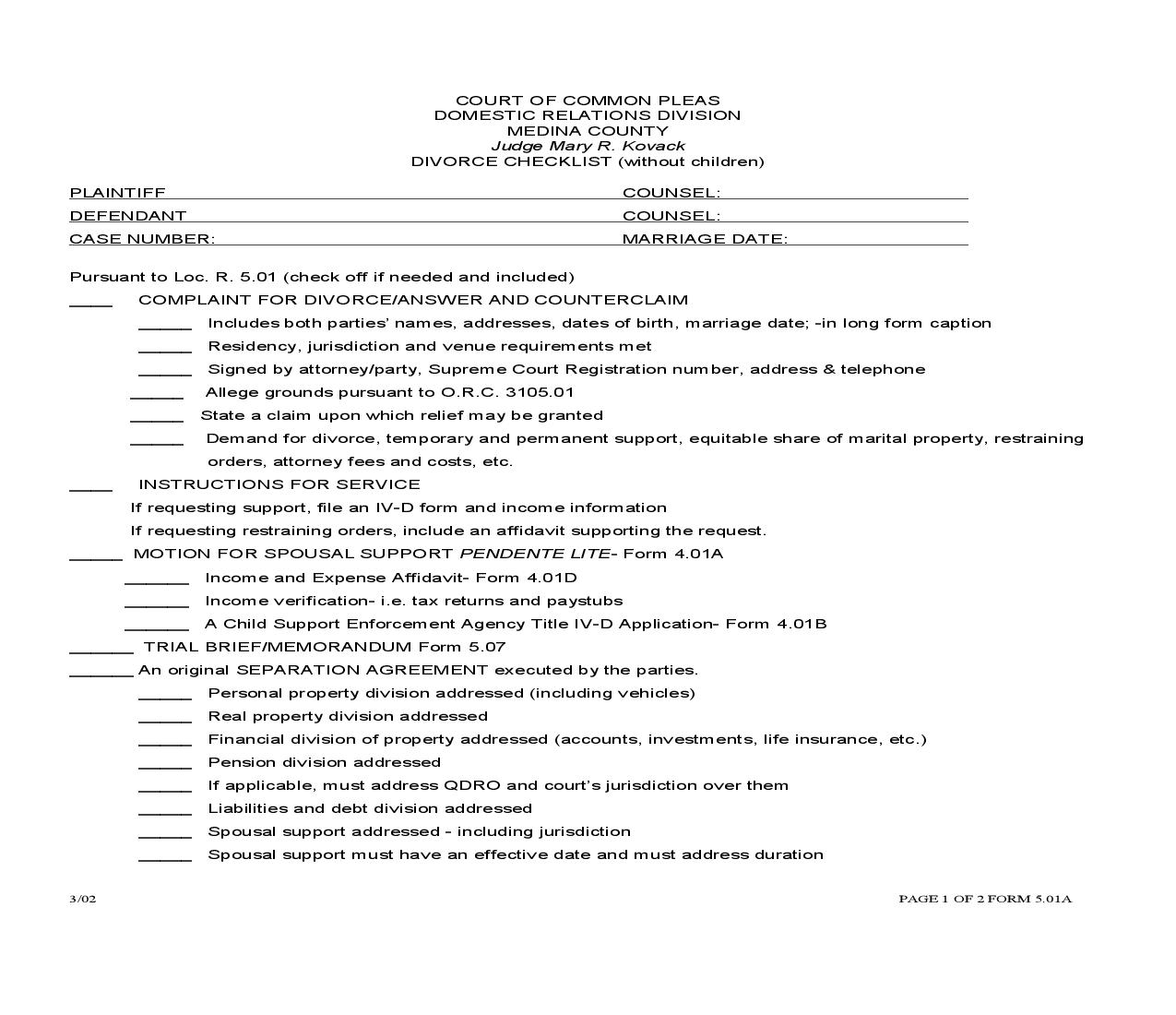Divorce Checklist Without Children {5.01A} | Pdf Doc Docx | Ohio
