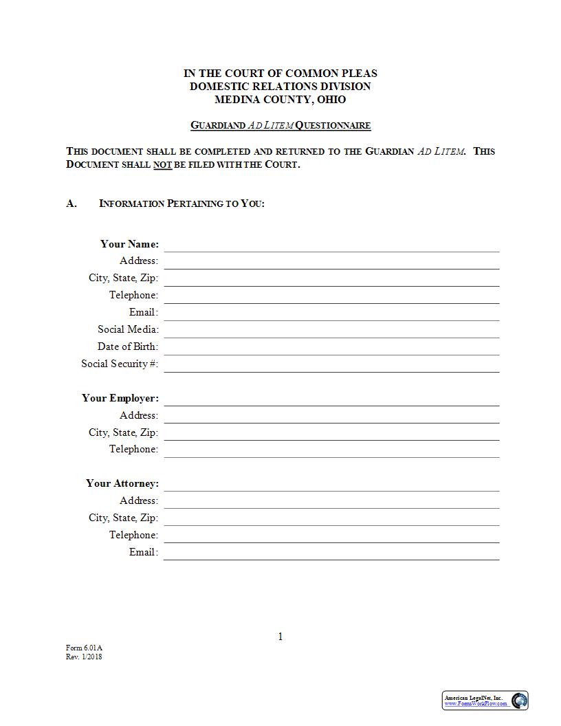 Guardian Ad Litem Questionnaire {6.01A} | Pdf Fpdf Docx | Ohio