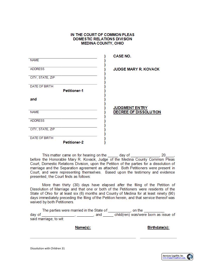 Judgment Entry Decree of Dissolution | Pdf Fpdf Docx | Ohio