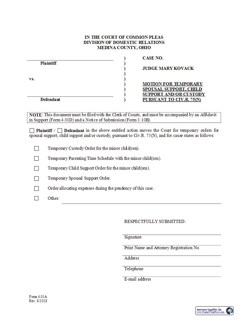 Motion For Temporary Support And Custody  {4.01A} | Pdf Fpdf Docx | Ohio