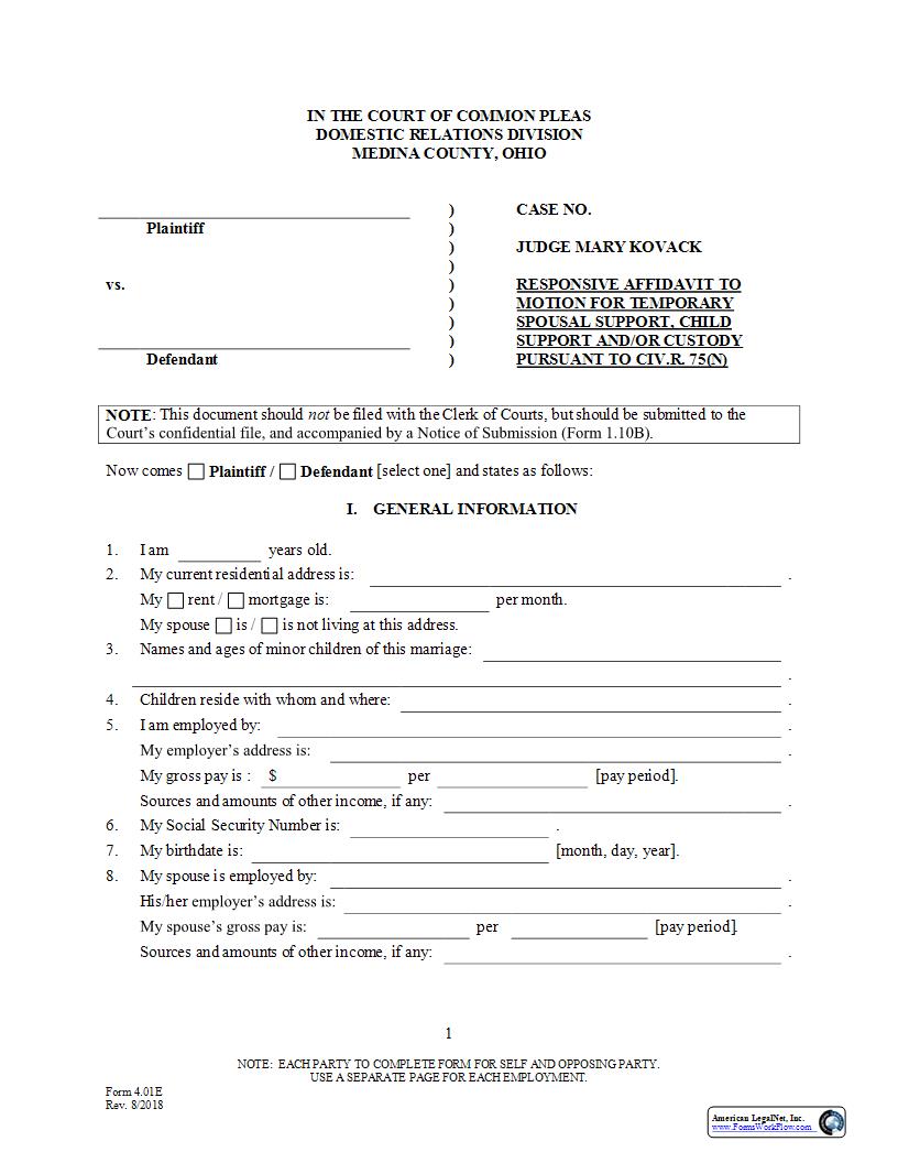 Response To Motion For Temporary Support And Or Custody {4.01E} | Pdf Fpdf Docx | Ohio