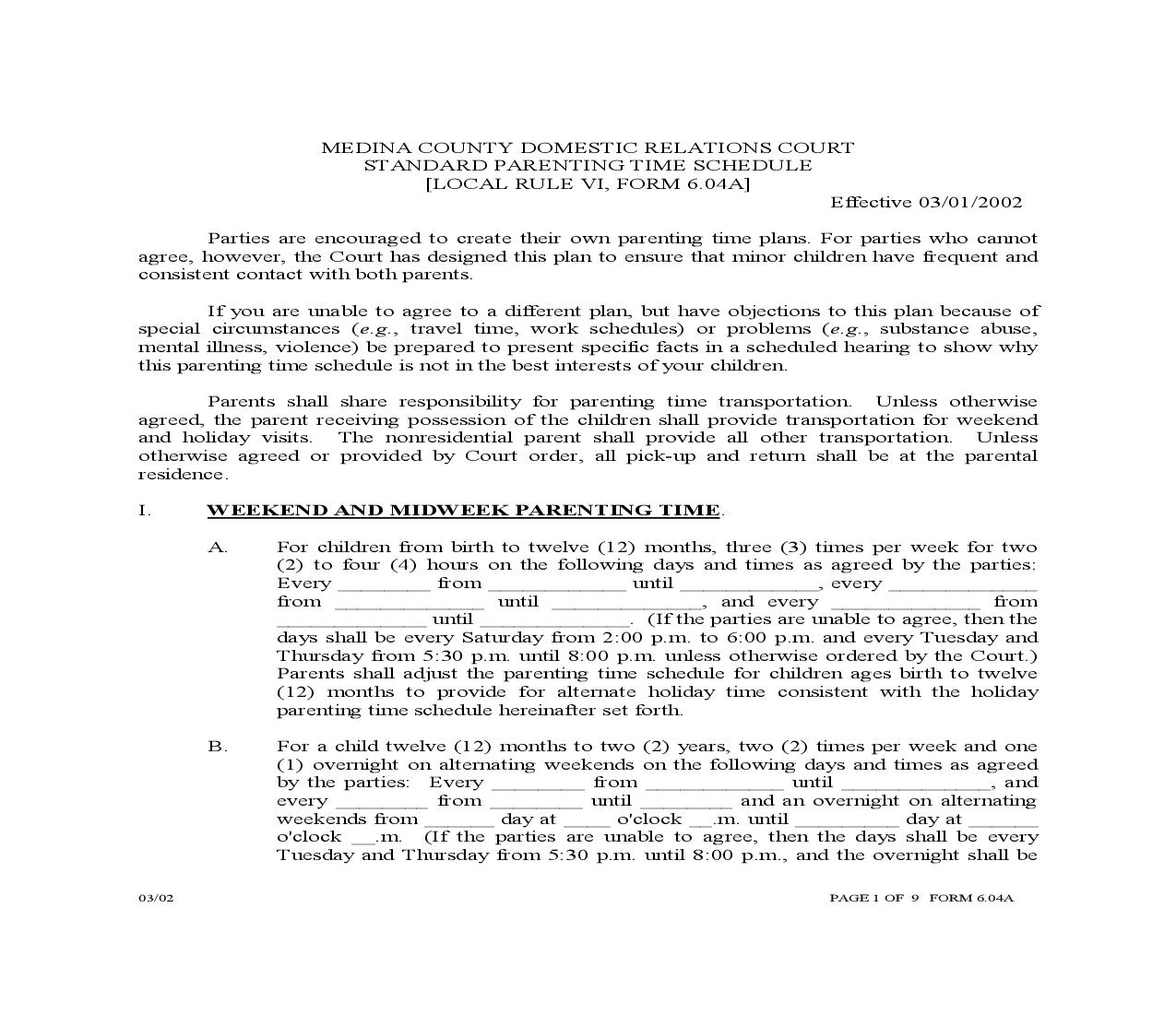 Standard Parenting Time Schedule {6.04A} | Pdf Fpdf Doc Docx | Ohio