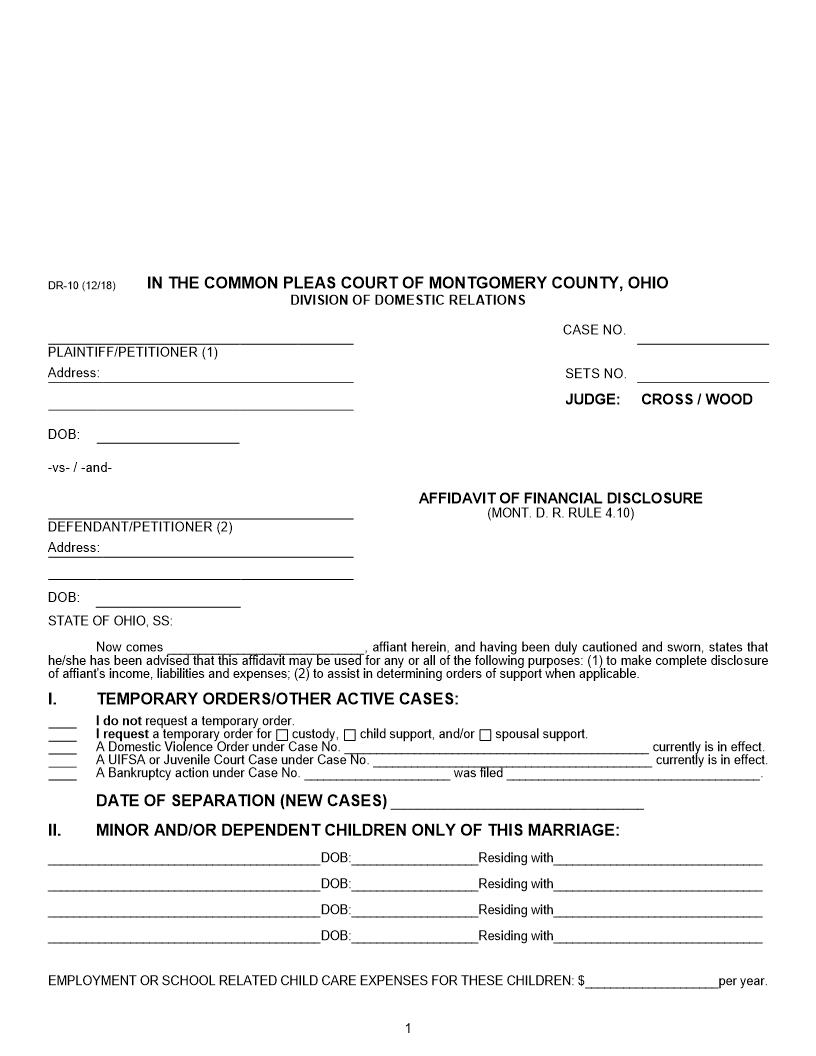 Affidavit Of Financial Disclosure {DR-10} | Pdf Fpdf Doc Docx | Ohio