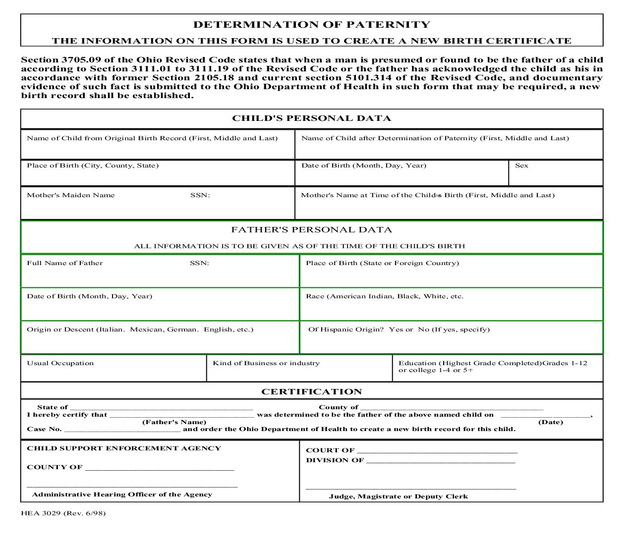 Determination Of Paternity {HEA 3029} | Pdf Fpdf Doc Docx | Ohio