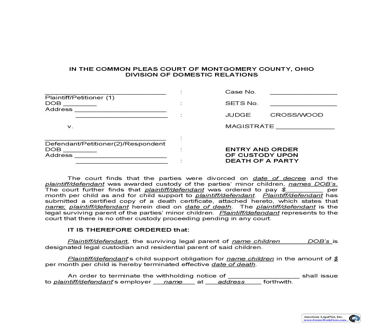 Entry And Order Of Custody Upon Death Of A Party | Pdf Fpdf Doc Docx | Ohio