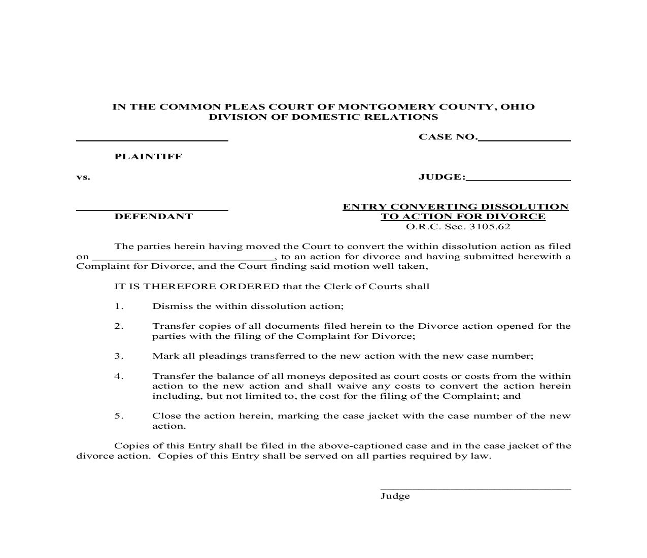 Entry Converting Dissolution To Action For Divorce | Pdf Fpdf Doc Docx | Ohio