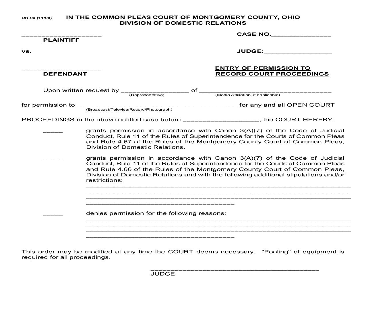 Entry Of Permission To Record Court Proceedings {DR-99} | Pdf Fpdf Doc Docx | Ohio