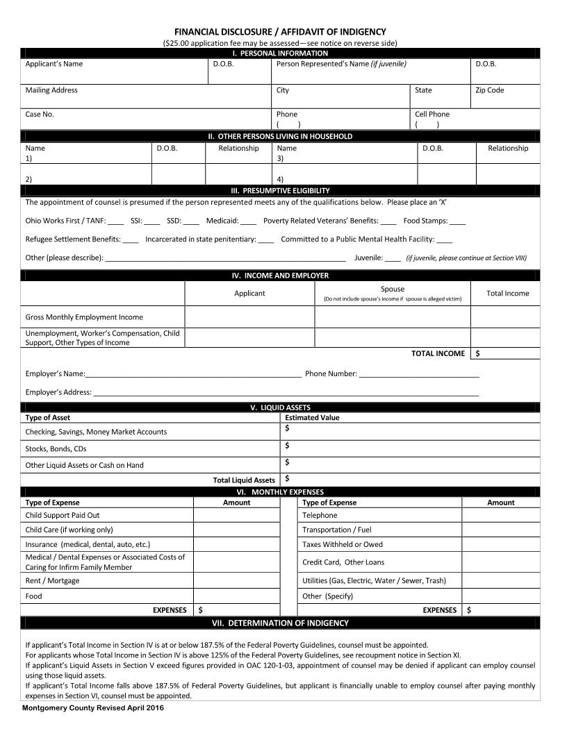 Financial Disclosure Affidavit Of Indigency | Pdf Fpdf Doc Docx | Ohio
