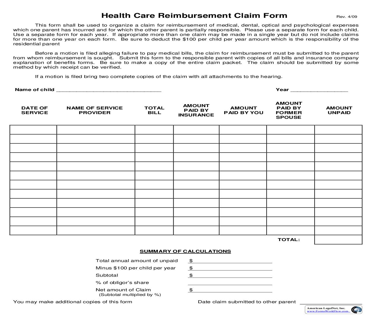 Health Care Reimbursement Claim Form | Pdf Fpdf Doc Docx | Ohio