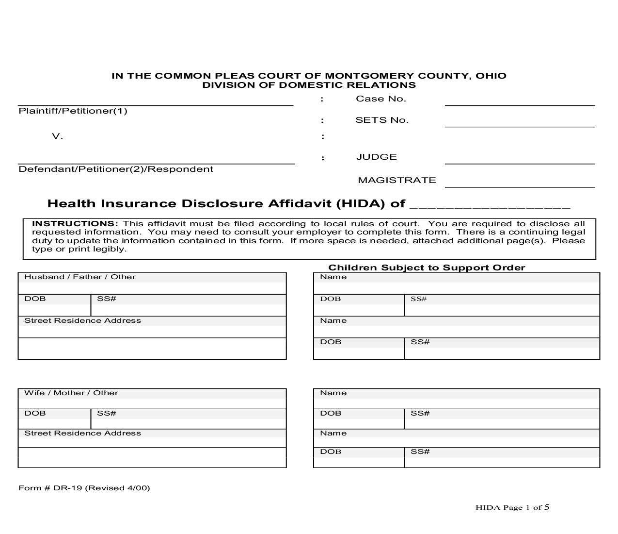 Health Insurance Disclosure Affidavit HIDA {DR-19} | Pdf Docx | Ohio