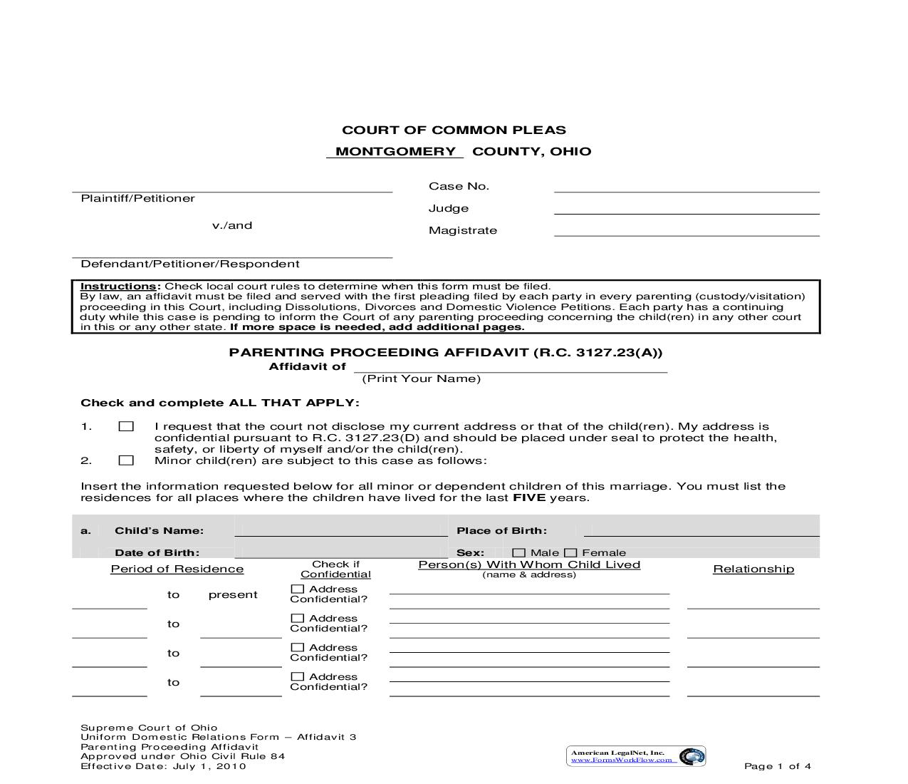 Parenting Proceeding Affidavit {DR-9} | Pdf Fpdf Doc Docx | Ohio