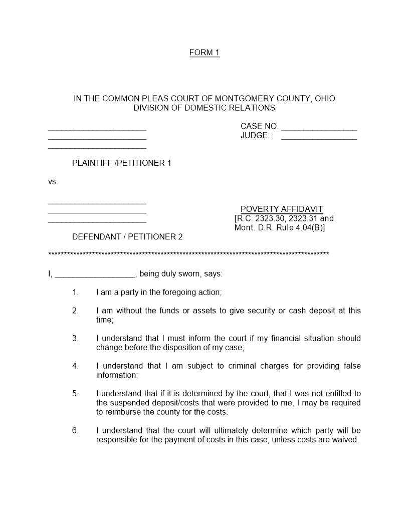 Poverty Affidavit | Pdf Fpdf Doc Docx | Ohio