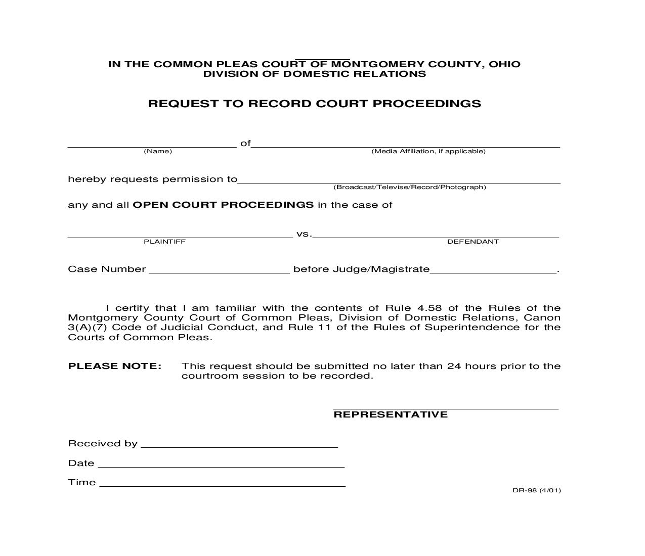Request To Record Court Proceedings {DR-98} | Pdf Fpdf Doc Docx | Ohio