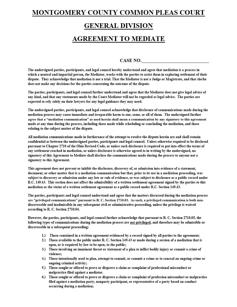 Agreement To Mediate | Pdf Fpdf Doc Docx | Ohio