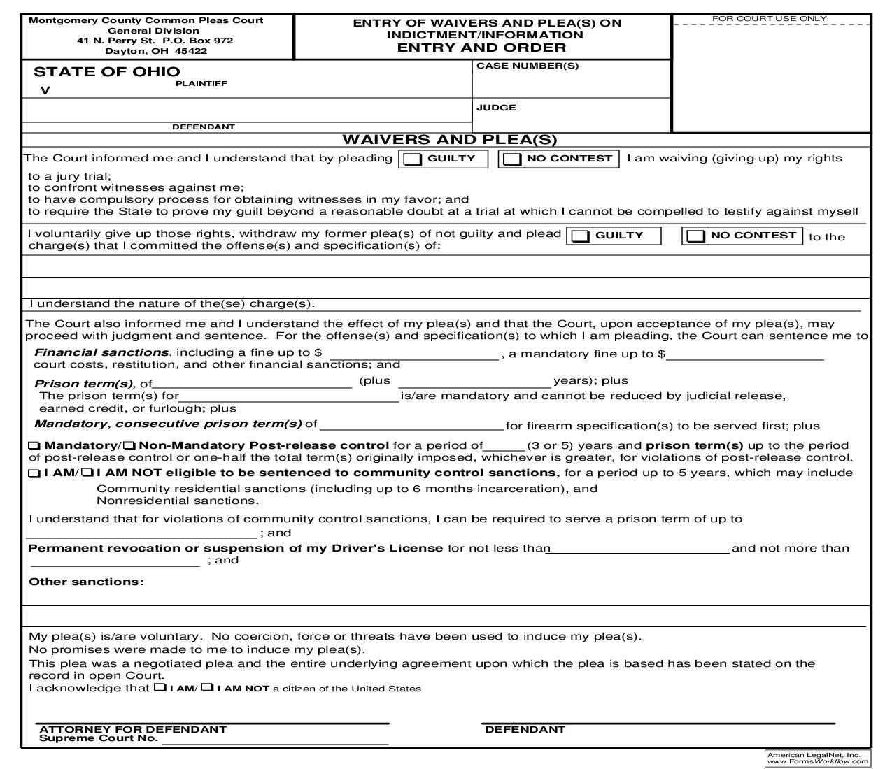 Entry Of Waivers And Pleas On Indictment Information Entry And Order | Pdf Fpdf Doc Docx | Ohio