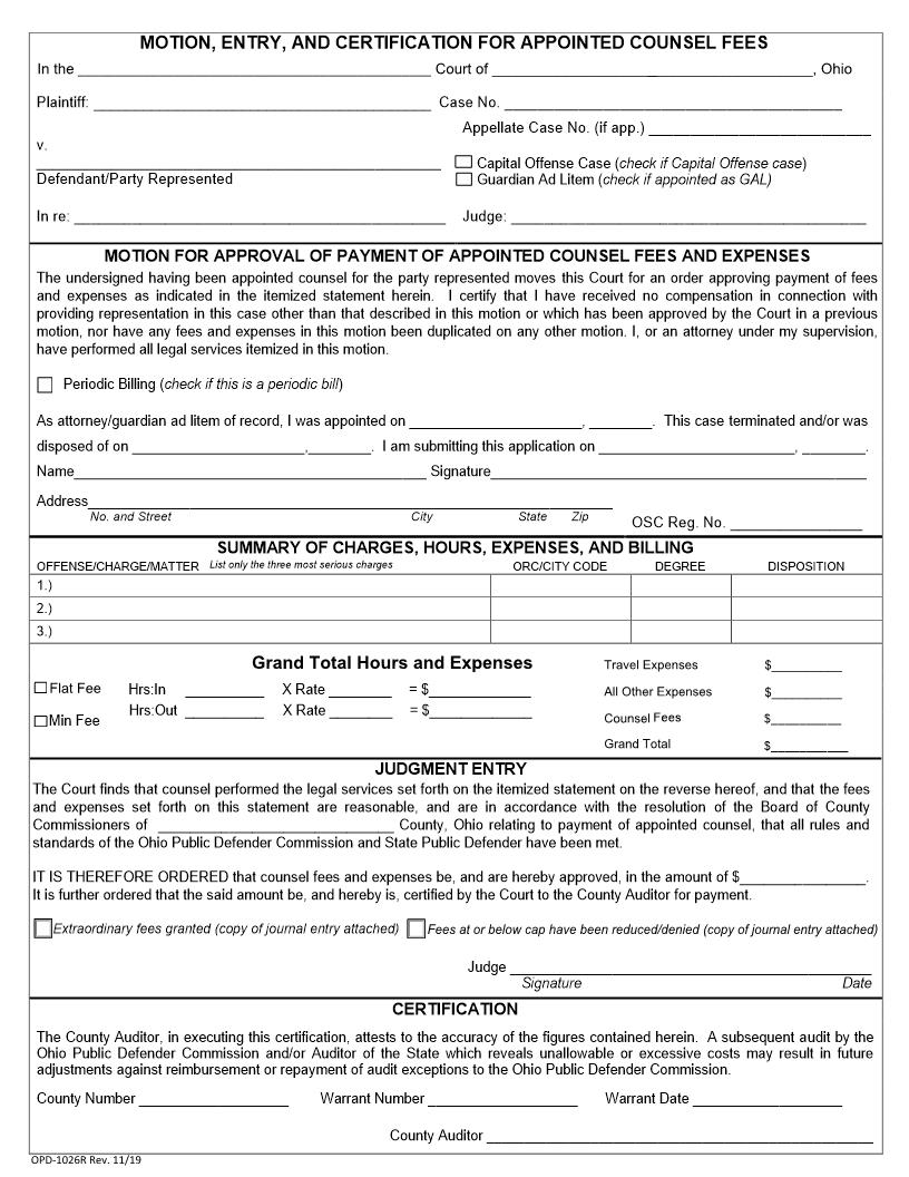 Motion Entry And Certification For Appointed Counsel Fees And Or Expenses | Pdf Fpdf Doc Docx | Ohio