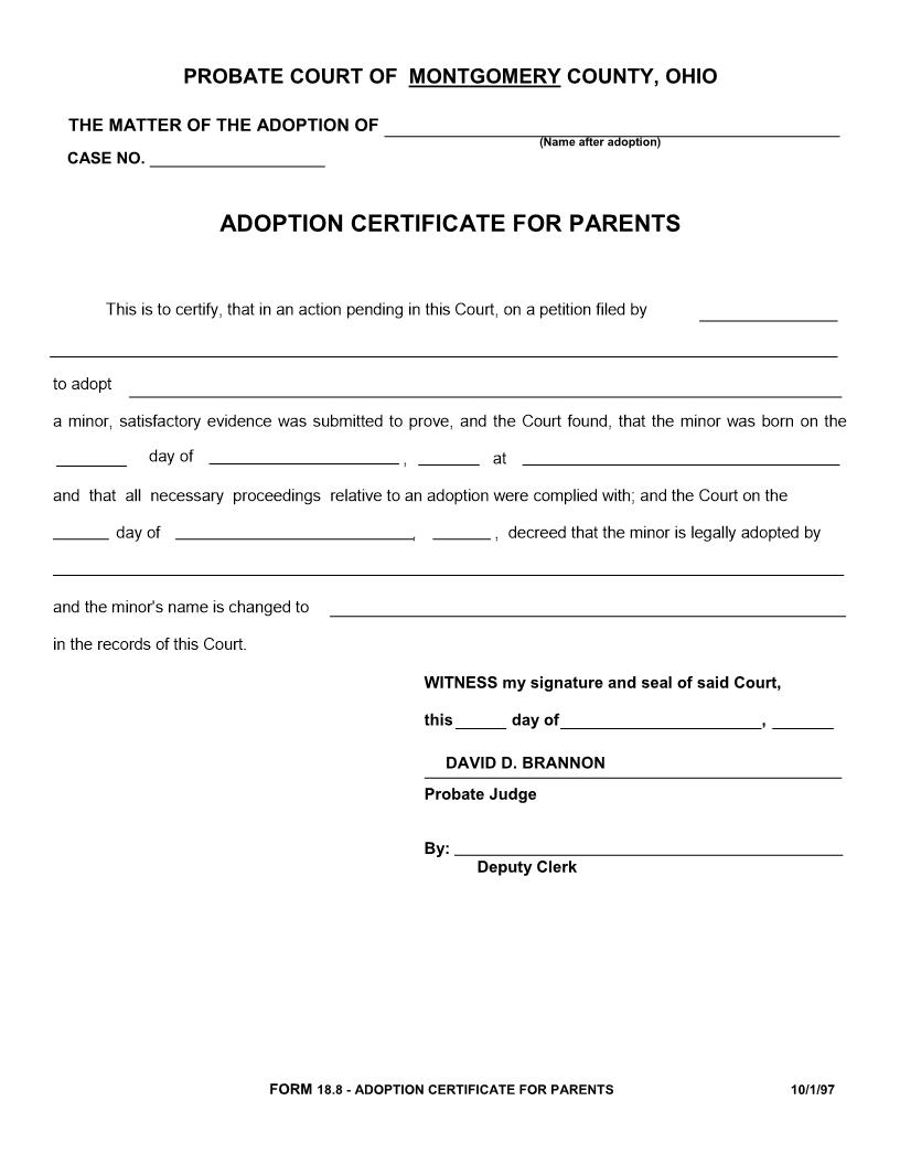 Adoption Certificate For Parents {18.8} | Pdf Fpdf Doc Docx | Ohio