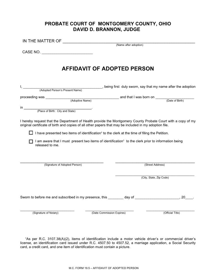 Affidavit Of Adopted Person {19.5} | Pdf Fpdf Doc Docx | Ohio