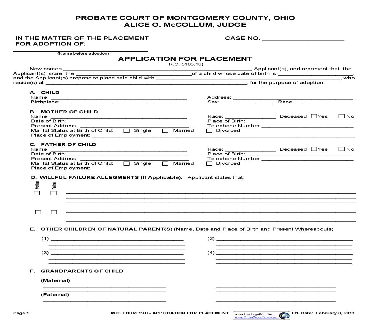 Application For Placement {19.8} | Pdf Fpdf Doc Docx | Ohio