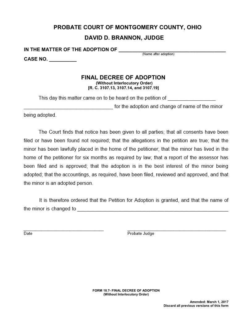 Final Decree Of Adoption Without Interlocutory Order {18.7} | Pdf Fpdf Doc Docx | Ohio