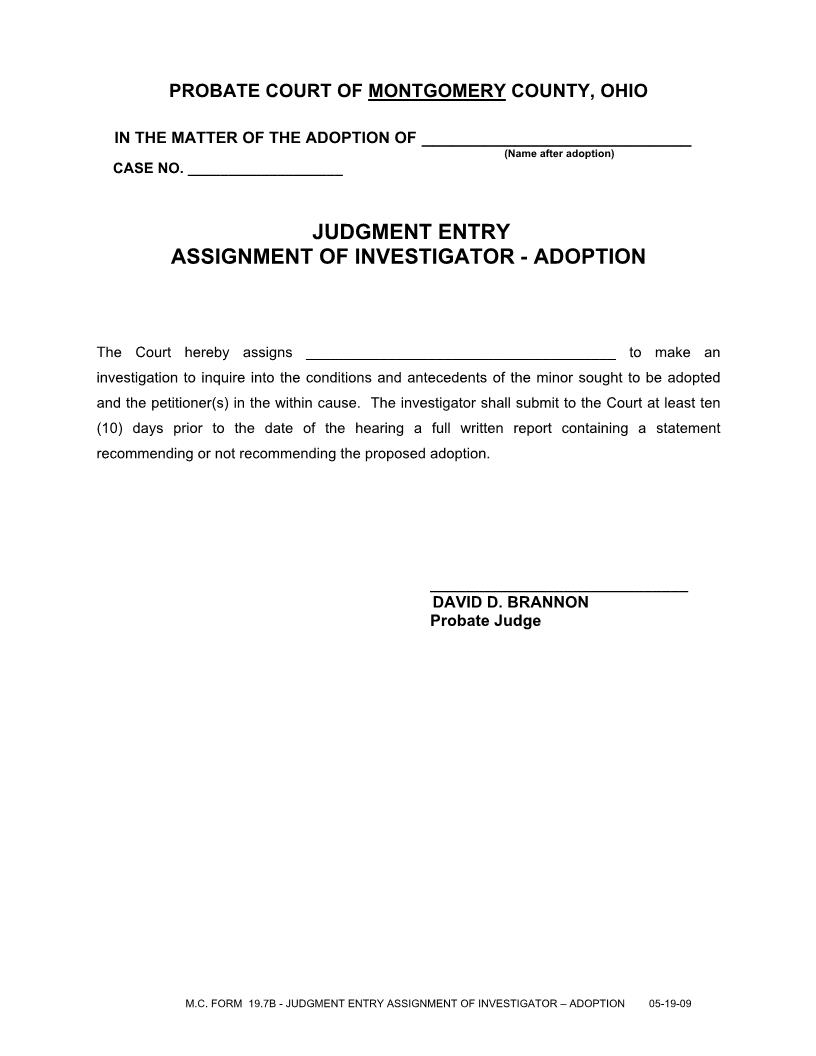 Judgment Entry Assignment Of Investigator Adoption {19.7B} | Pdf Fpdf Doc Docx | Ohio