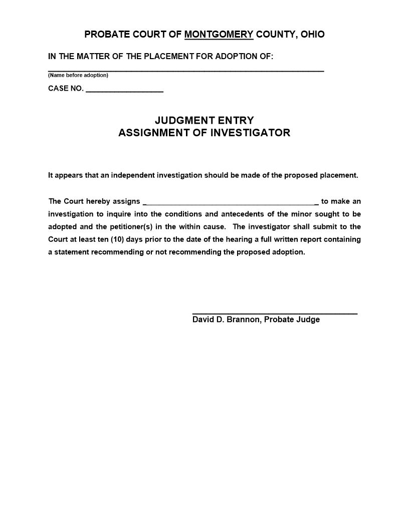 Judgment Entry Assignment Of Investigator Placement {19.7A} | Pdf Fpdf Doc Docx | Ohio
