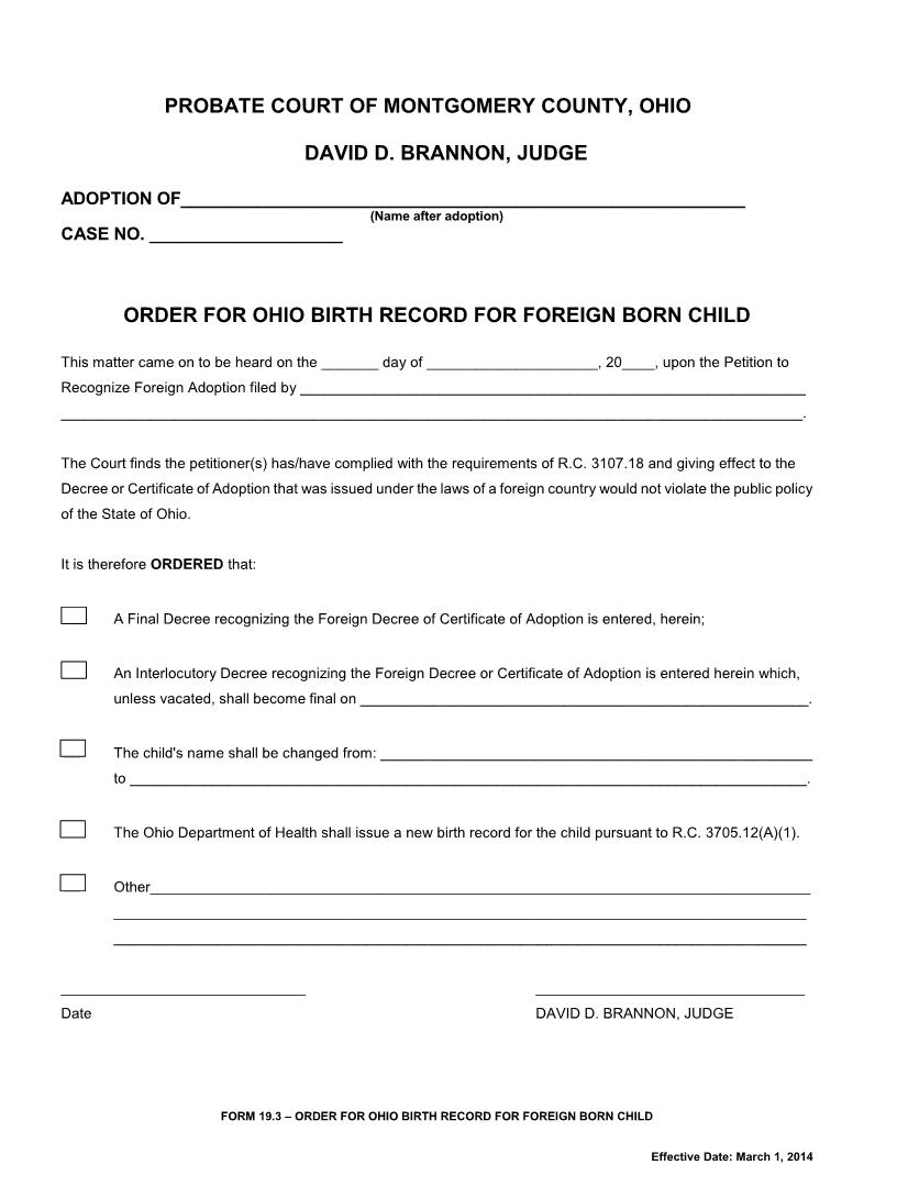 Order For Ohio Birth Record For Foreign Born Child {19.3} | Pdf Fpdf Doc Docx | Ohio