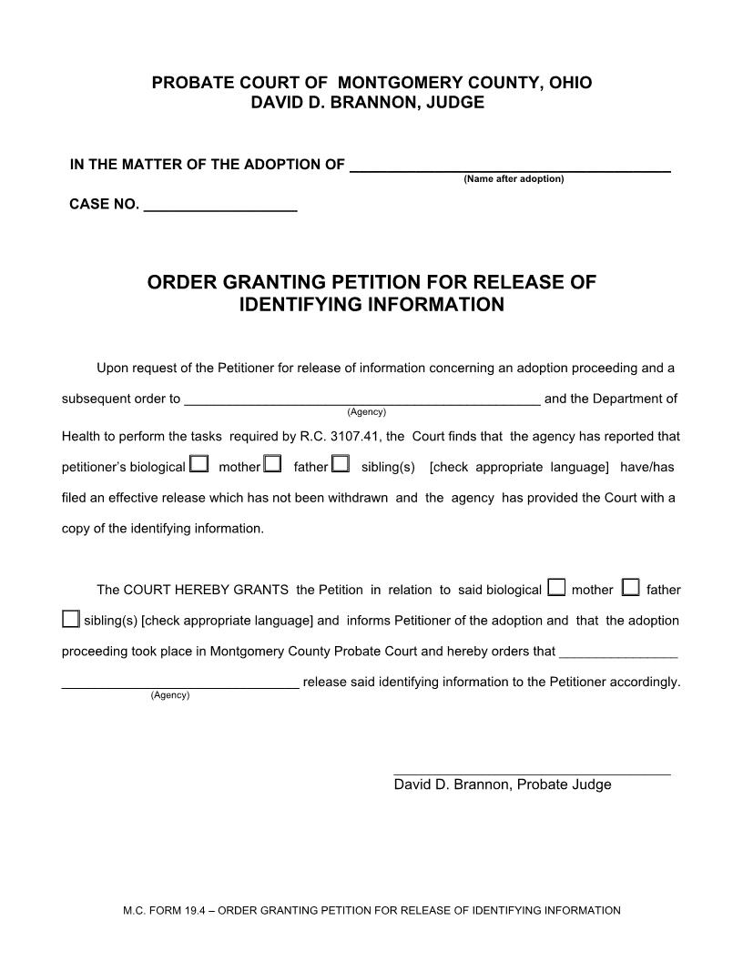 Order Granting Petition For Release Of Identifying Information {19.4} | Pdf Fpdf Doc Docx | Ohio