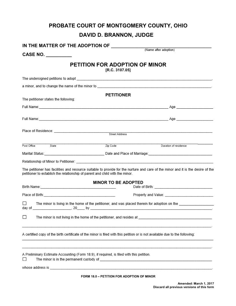 Petition For Adoption Of Minor {18.0} | Pdf Fpdf Doc Docx | Ohio