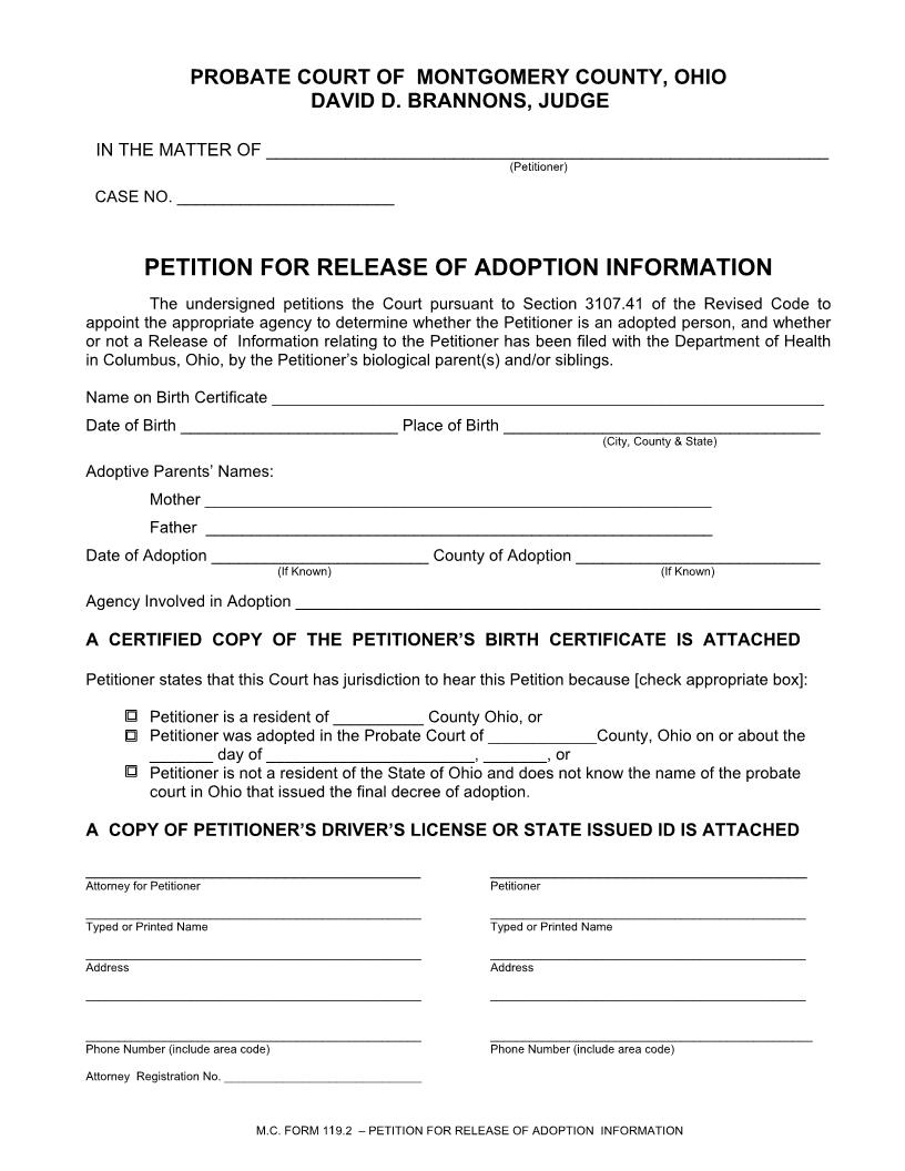 Petition For Release Of Adoption Information {119.2} | Pdf Fpdf Doc Docx | Ohio