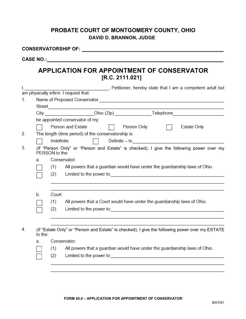 Application For Appointment Of Conservator {20.0} | Pdf Fpdf Doc Docx | Ohio