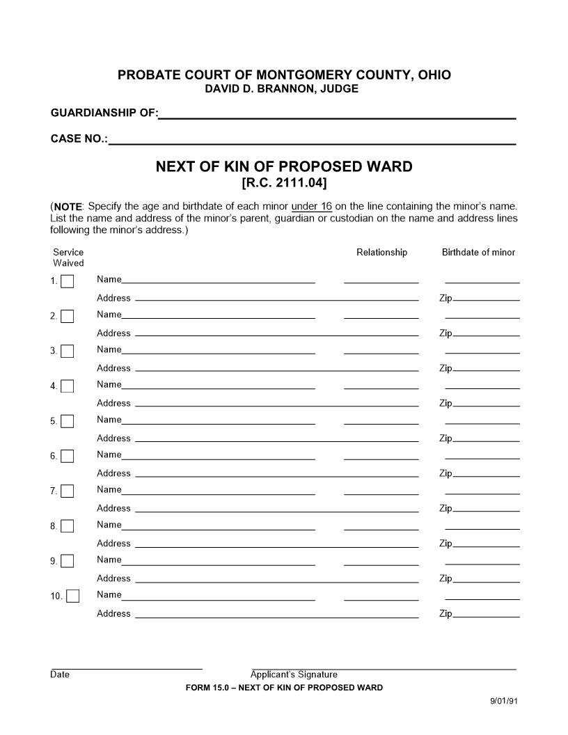Next Of Kin Of Proposed Ward {15.0} | Pdf Fpdf Doc Docx | Ohio