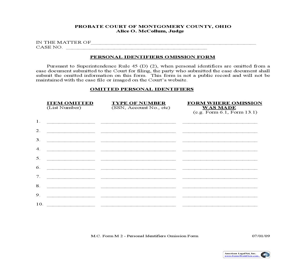 Personal Identifiers Omission Form {M2} | Pdf Fpdf Doc Docx | Ohio