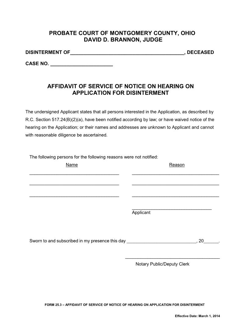 Affidavit Of Service Of Notice On Hearing On Application For Disinterment {25.3} | Pdf Fpdf Doc Docx | Ohio
