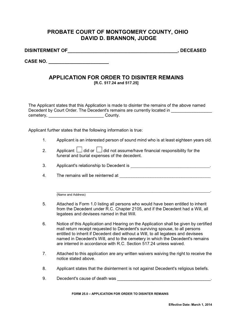 Application For Order To Disinter Remains {25.0} | Pdf Fpdf Doc Docx | Ohio