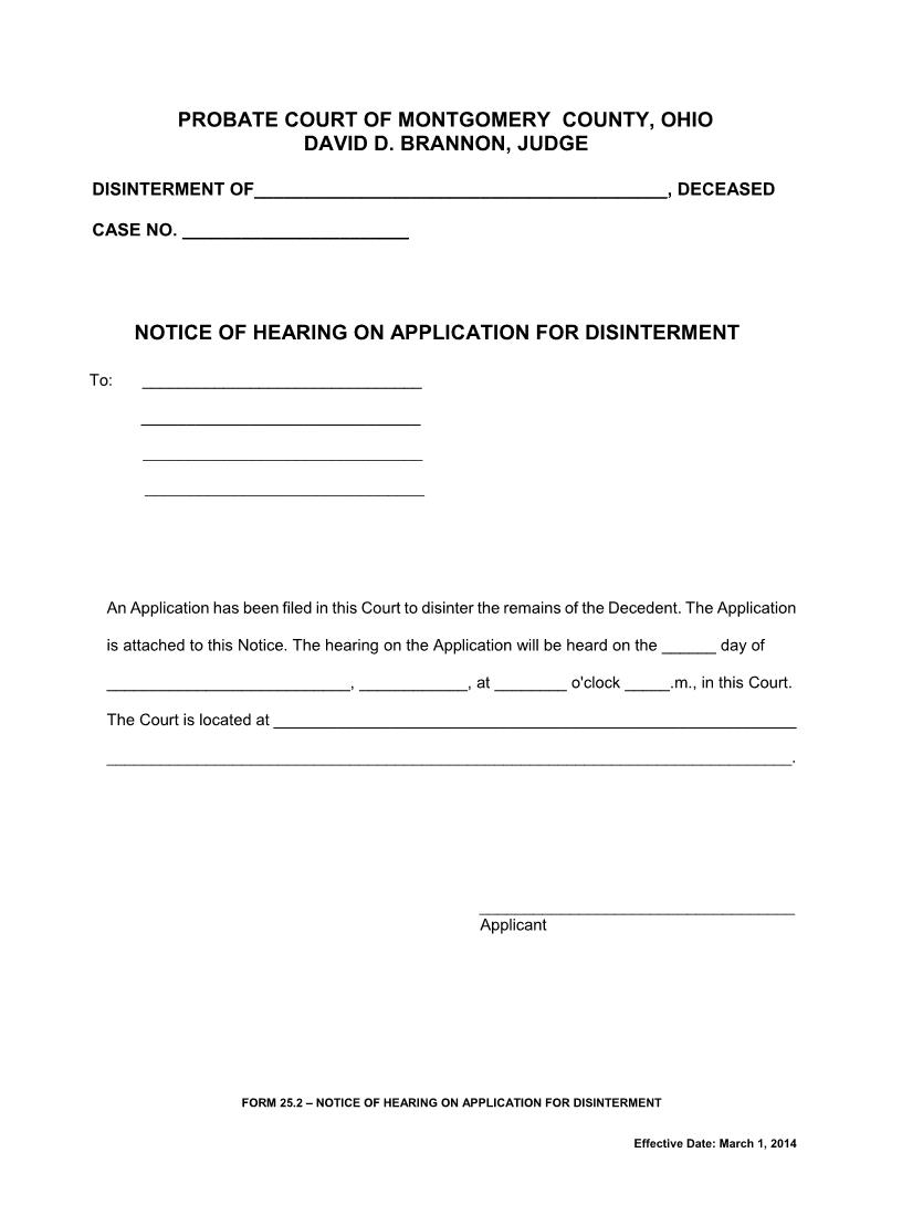 Notice Of Hearing On Application For Disinterment {25.2} | Pdf Fpdf Doc Docx | Ohio
