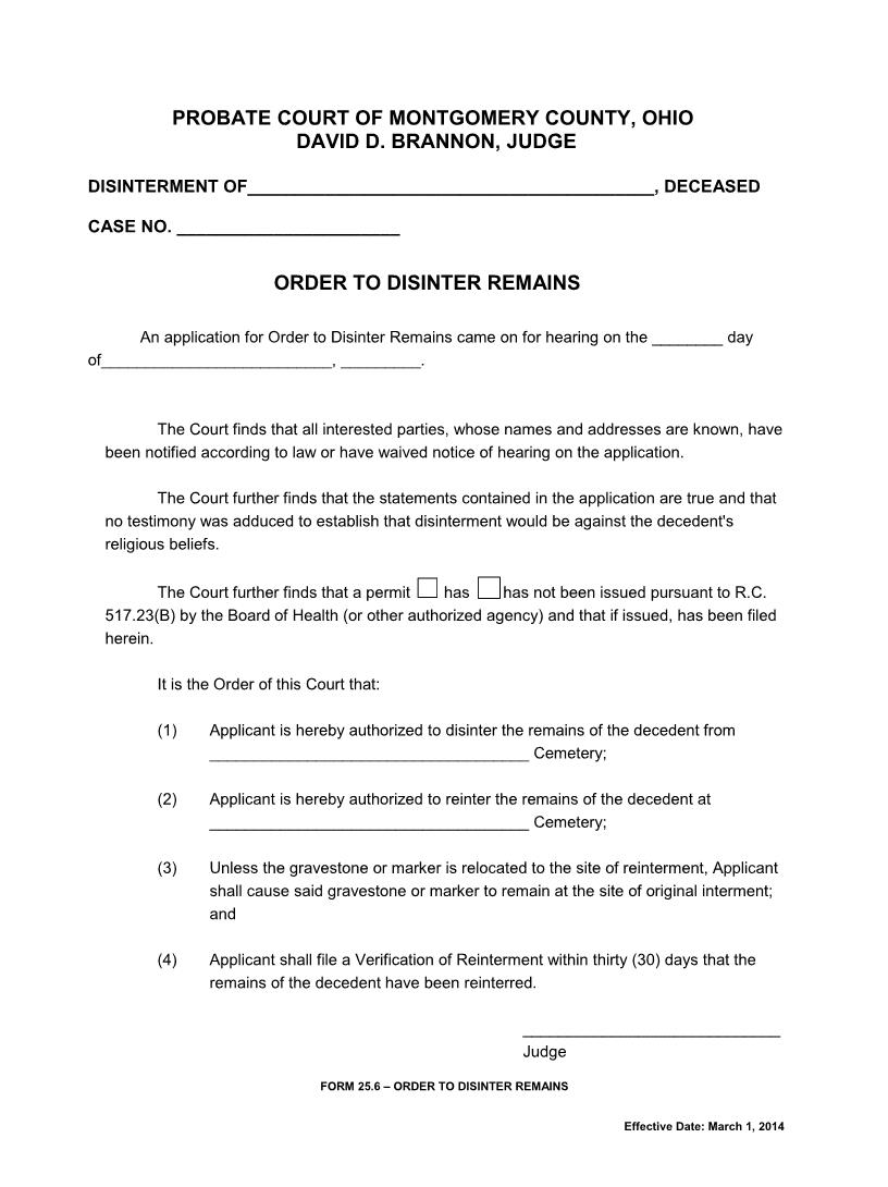 Order To Disinter Remains {25.6} | Pdf Fpdf Doc Docx | Ohio