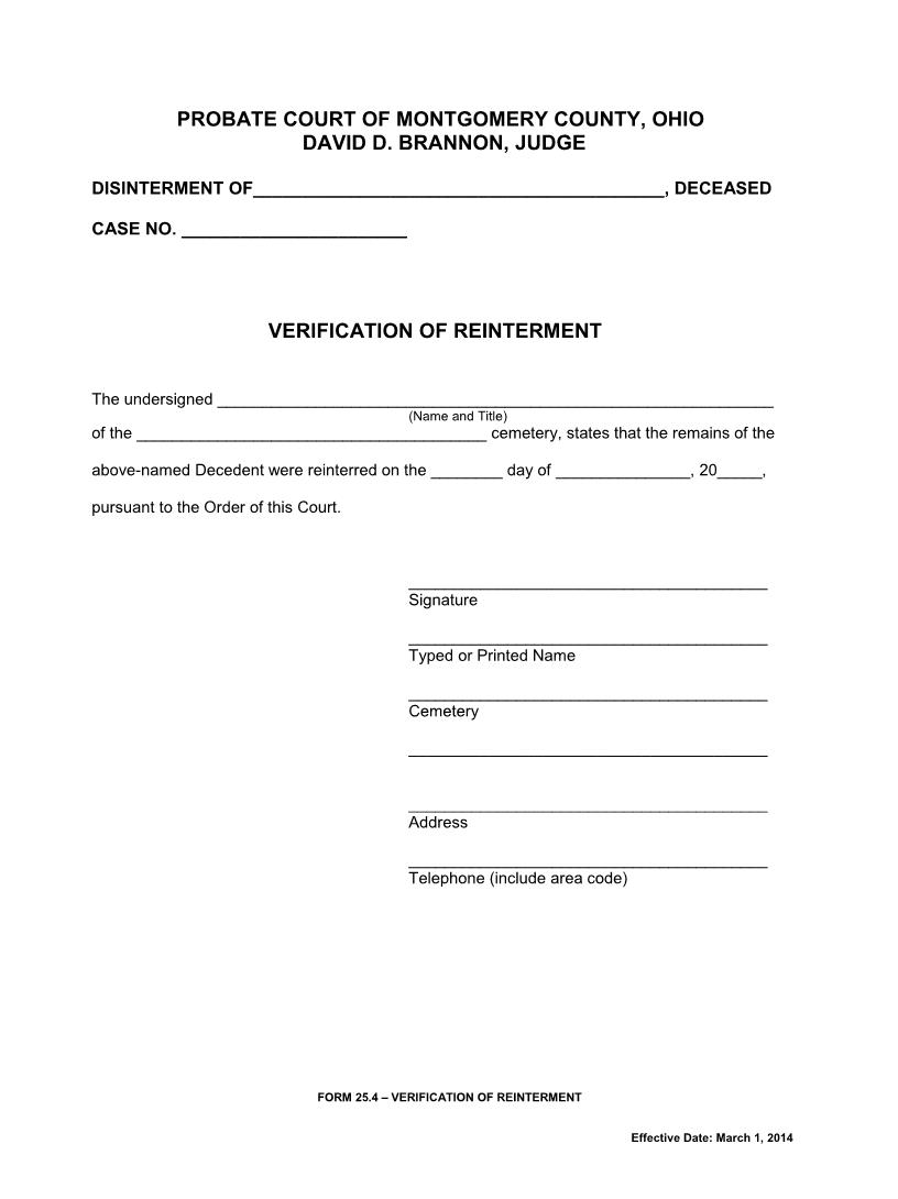 Verification Of Reinterment {25.4} | Pdf Fpdf Doc Docx | Ohio