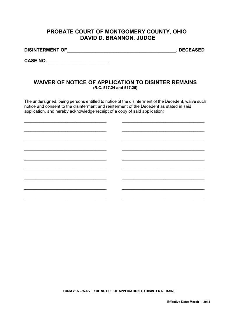 Waiver Of Notice Of Application To Disinter Remains {25.5} | Pdf Fpdf Doc Docx | Ohio